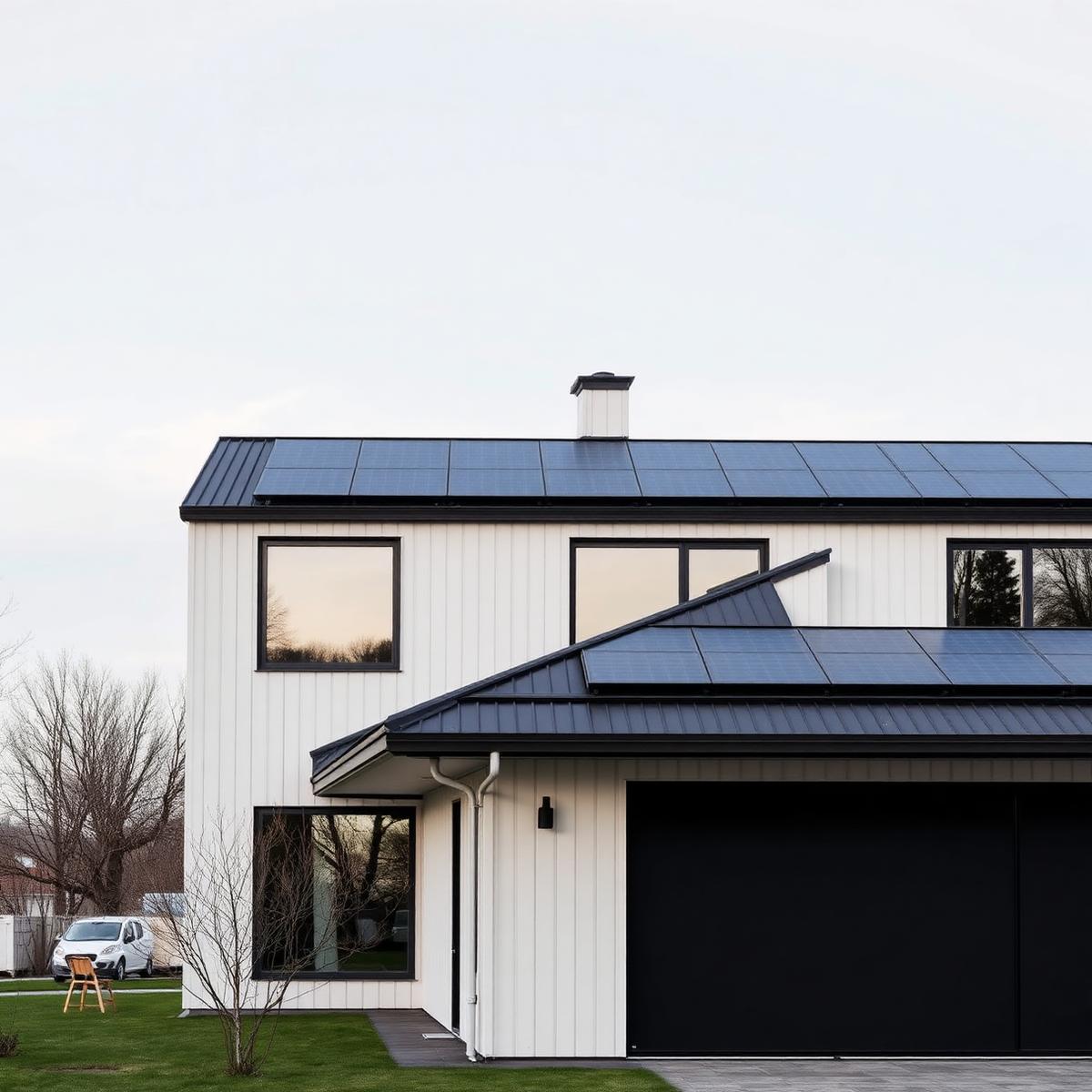 Modern svensk villa med integrerade solpaneler på taket